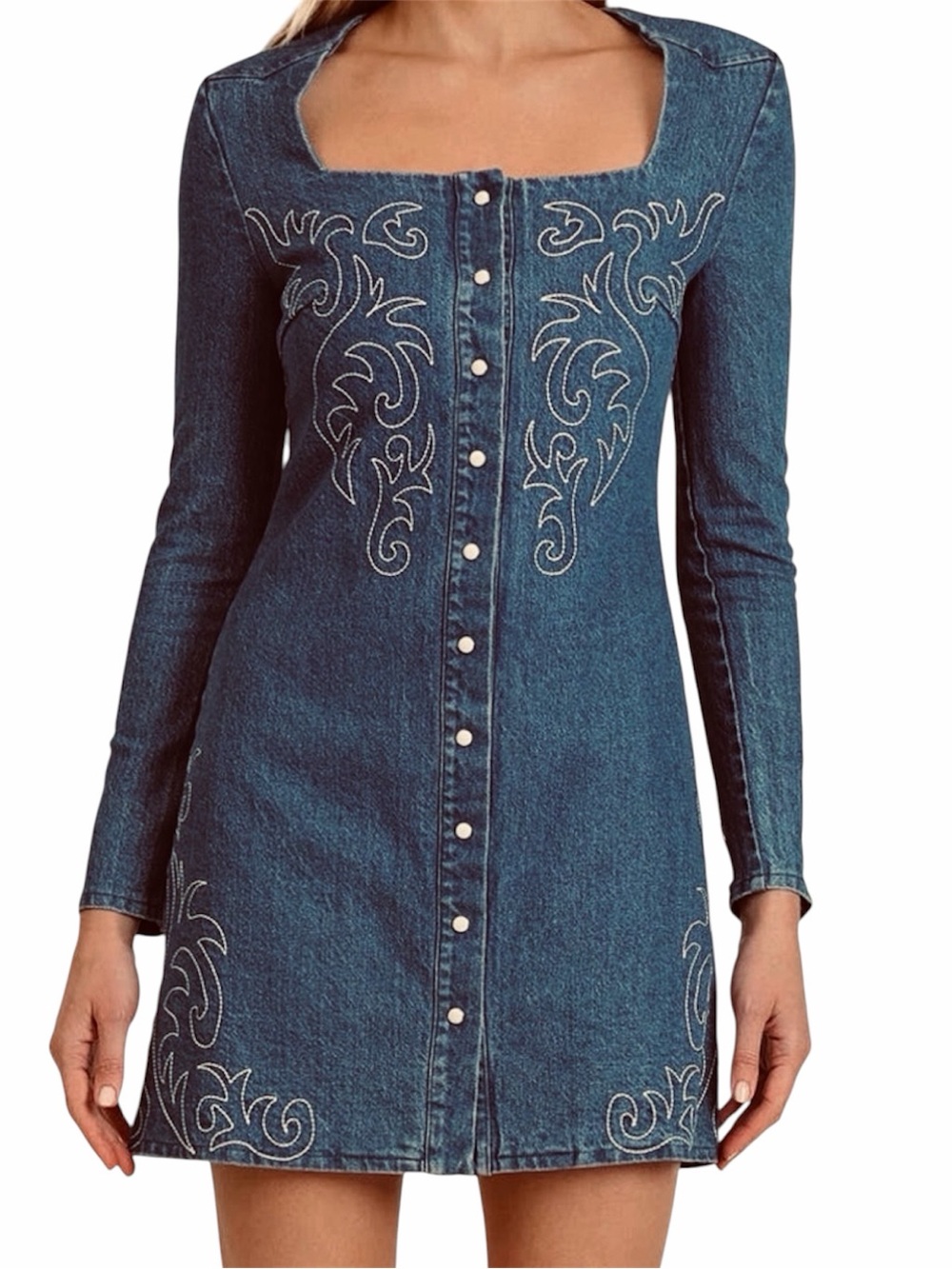Avec Les Filles Western Embroidered Denim Snap Front Mini Dress Size 6 NWT - Picture 2 of 13